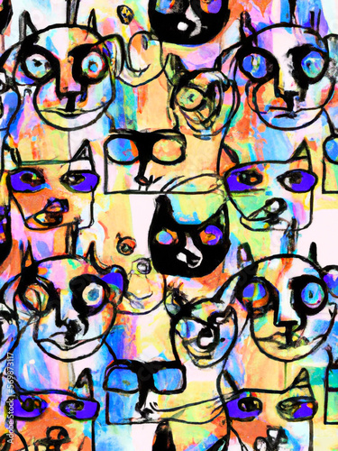Cat faces  colours abstract background collage     Generative AI Illustration