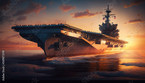military aircraft carrier ship sailing on sea at sunset. generative ai photo
