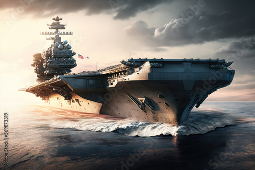 Print op canvas military aircraft carrier ship sailing on sea. generative ai