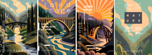 Nature, landscape, bridge. Set of vector illustrations. Flat design. Typography. Background for a poster, t-shirt or banner.