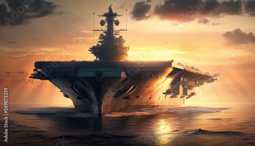 military aircraft carrier ship sailing on sea at sunset. generative ai