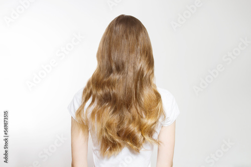 Closeup Caucasian curly wavy hair type back view isolated on white background. Shiny long light brown healthy clean hairstyle. Shampoo concept. Copy space