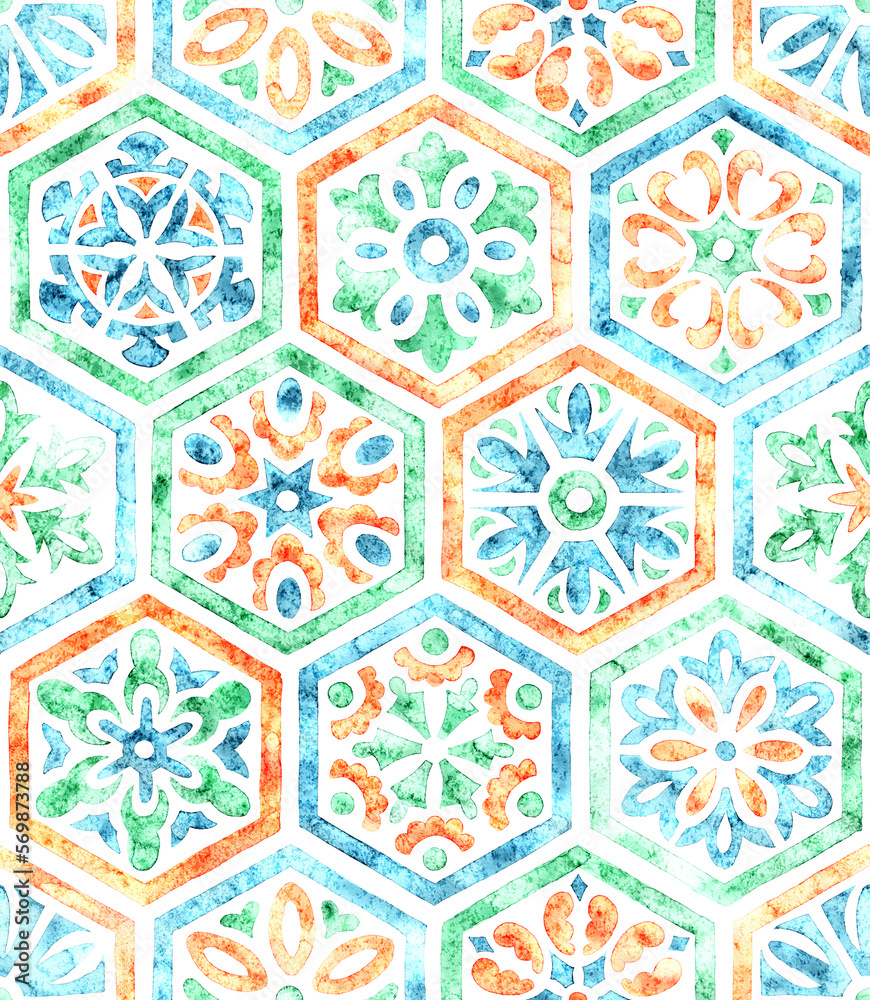 Seamless watercolor pattern. A set of hexagonal tiles. Bohemian print for textiles. Seamless watercolor pattern. A set of hexagonal tiles. Bohemian print for textiles.
