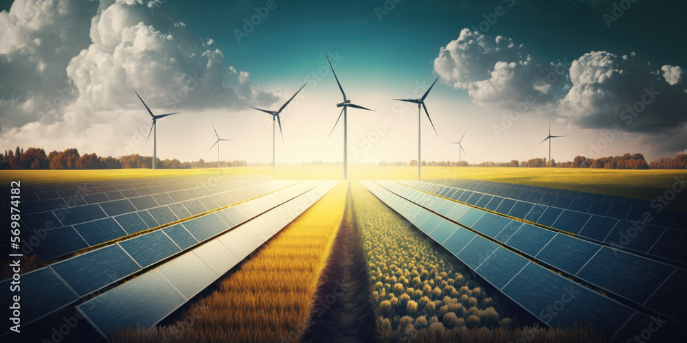 renewable energy banner background with green energy as wind turbines