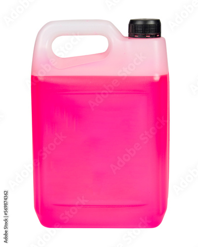 Bottle pink can antifreeze liquid container isolated on the white background