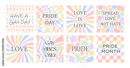Vector set of retro greeting cards for LGBTQ Pride Month. Social media post with groovy queer slogans, wavy phrases and quotes. A heart in rainbow LGBT flag colors. Vector illustration in flat style.