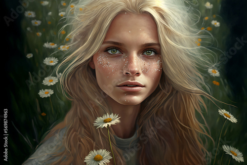 Beautiful blonde woman in a field of daisy's - Generative AI