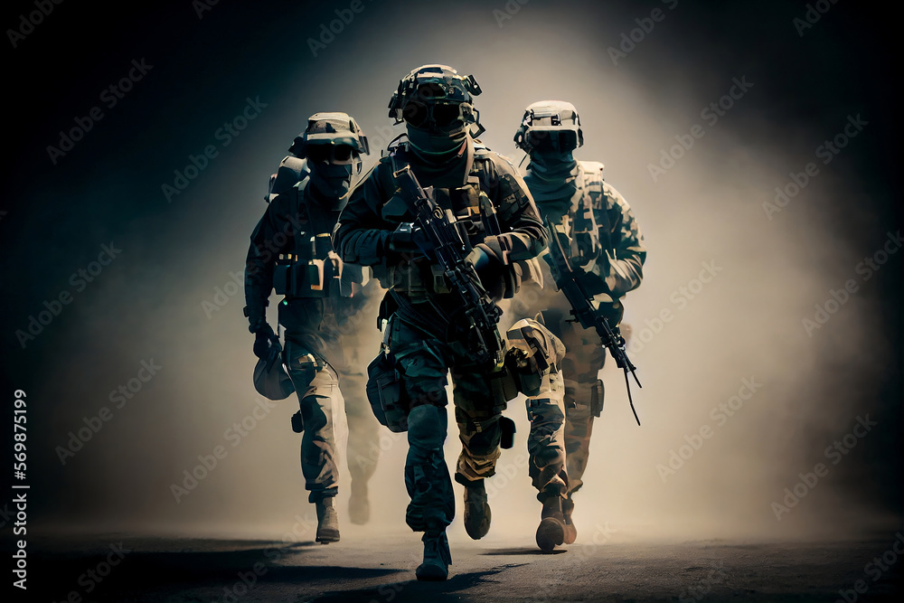 Special forces military units in full tactical gear, Solders walking in