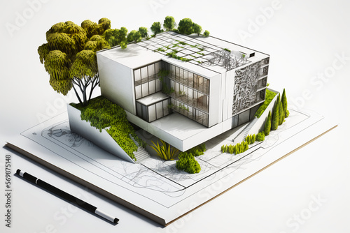 half sketch, half 3d, miniworld, building plan, project, document platform, white background photo