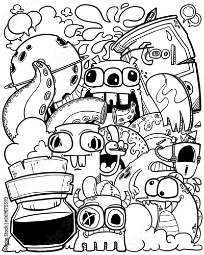 Hand-drawn illustrations, monsters doodle, Hand drawn cartoon monster illustration, Cartoon crowd doodle hand-drawn pattern, Doodle style.