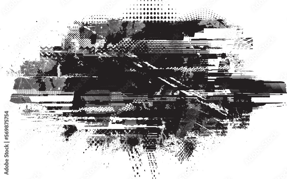 Glitch distorted grunge layer . Noise destroyed texture . Trendy defect error shapes . Overlay grunge texture . Distressed effect .Vector shapes with a halftone dots screen print texture. Glitch distorted grunge layer . Noise destroyed texture . Trendy defect error shapes . Overlay grunge texture . Distressed effect .Vector shapes with a halftone dots screen print texture.