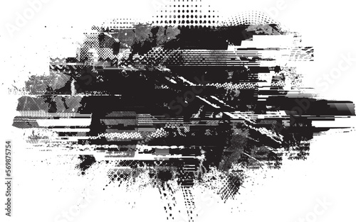 Fototapeta Naklejka Na Ścianę i Meble -  Glitch distorted grunge layer  . Noise destroyed texture . Trendy defect error shapes . Overlay grunge texture . Distressed effect .Vector shapes with a halftone dots screen print texture.