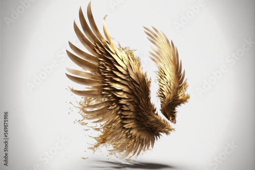 flying gold feather angel wings on a white background. Generative Ai