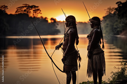 Generative AI illustration of a couple of indigenous women from the Amazon next to a river with fishing utensils at sunset photo