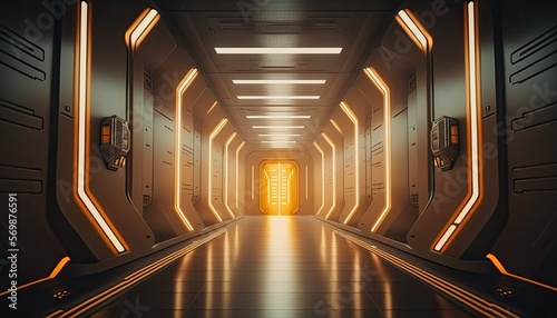 A futuristic hallway inside a spaceship in a sci-fi movie, filled with high-tech lighting and sleek designs. generative ai
