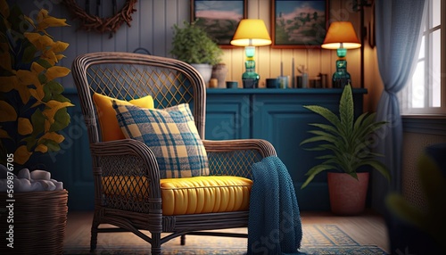 A living room with a comfortable blue armchair and a cozy yellow plaid. The room is surrounded by beautiful rattan furniture, adding to the casual and warm vibe. generative ai