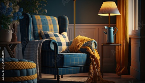 A living room with a comfortable blue armchair and a cozy yellow plaid. The room is surrounded by beautiful rattan furniture, adding to the casual and warm vibe. generative ai © Neo