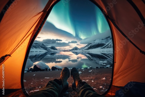 tent in the night under aurora made with generative ai