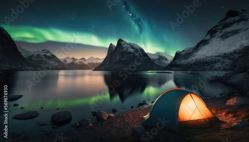 tent at night by the fjord made with generated ai