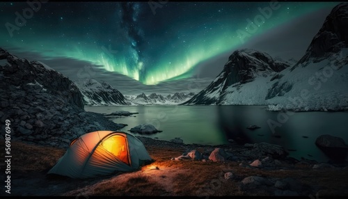camping in the fjords under the northern lights made with generated ai