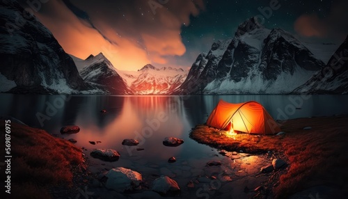 camping in the night by the fjords of Norway made with generated ai