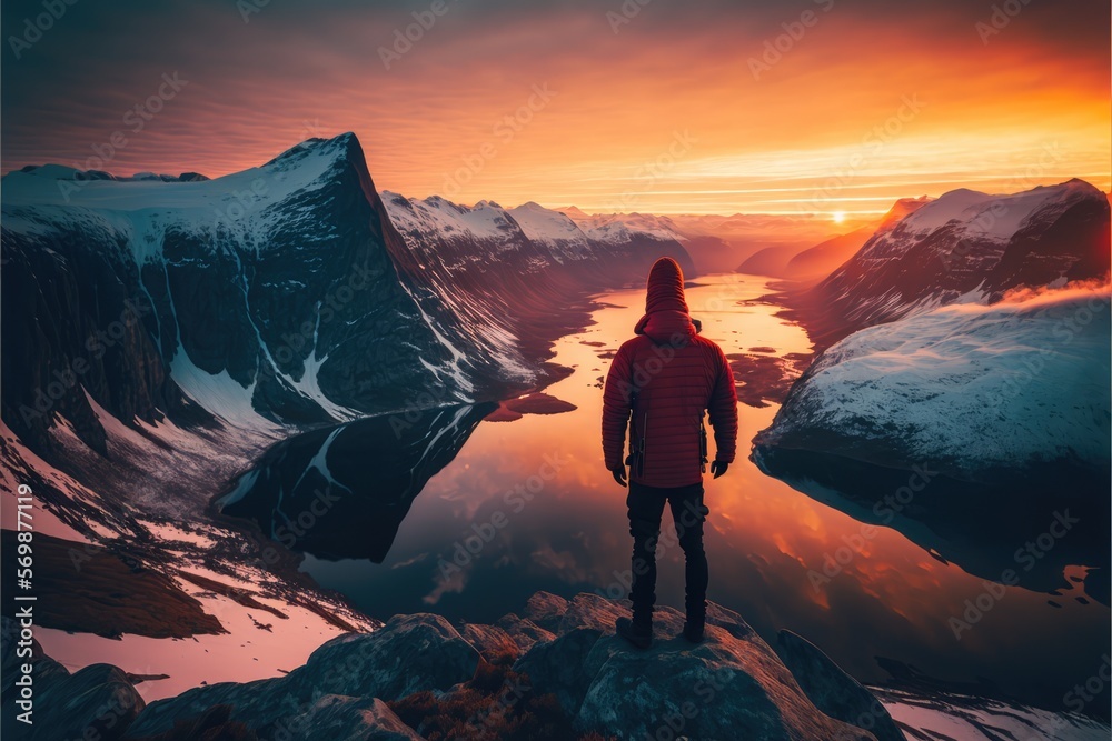 Fototapeta premium Person at the top of the moutain made with generated ai