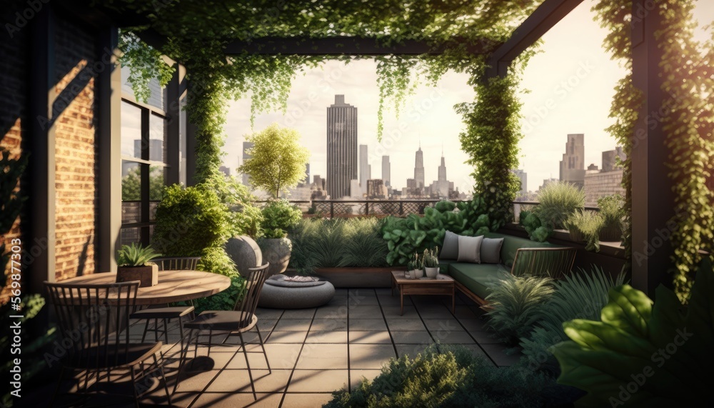 Urban rooftop garden with lush greenery, seating areas, and city views. generative ai