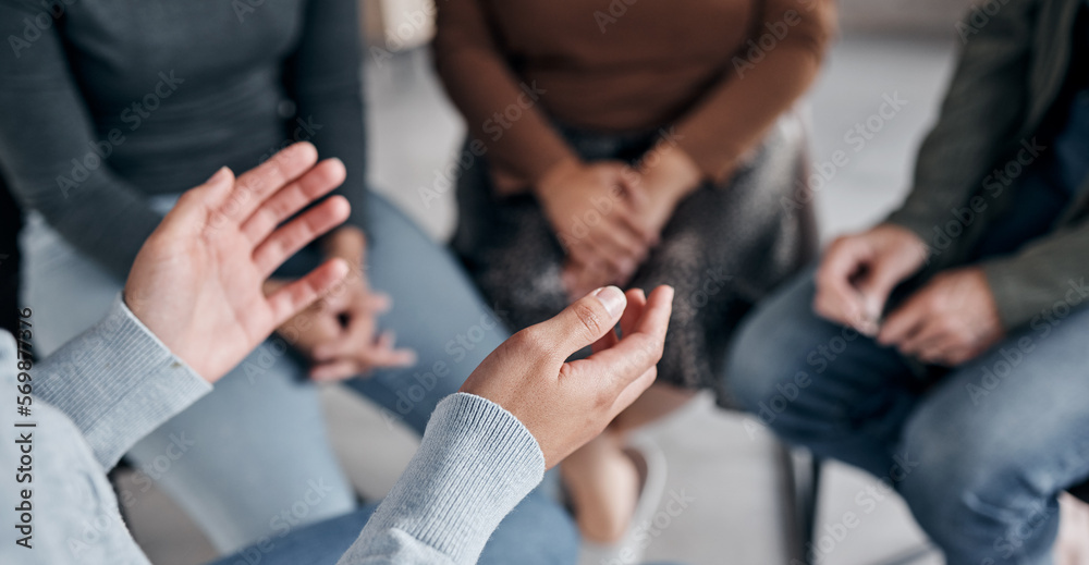 Support with group, therapy and mental health with hands and help, people together talking about problem and crisis. Psychology, healthcare and trust, respect and community in counseling for trauma - obrazy, fototapety, plakaty 