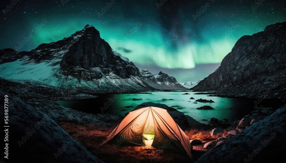 Tent by the fjords under the aurora borealis made with generated ai