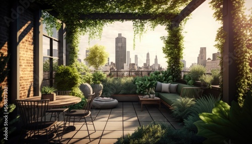 Urban rooftop garden with lush greenery, seating areas, and city views. generative ai © Neo
