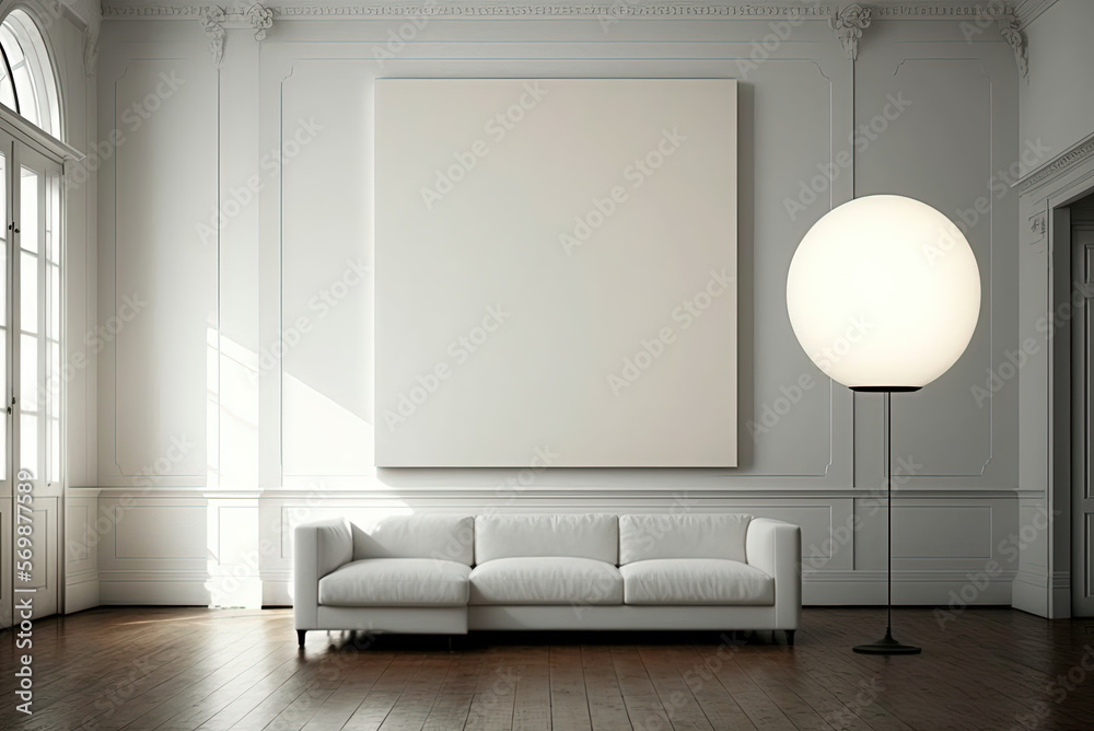 Huge white framed blank art canvas on large wall in minimal room.  Generative AI. Stock Illustration | Adobe Stock