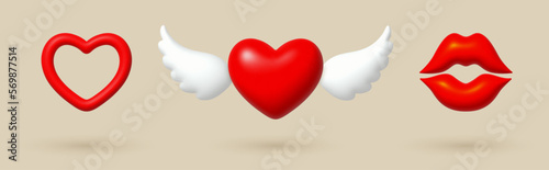 Happy Valentine's day. Love 3d icons: hearts and lips.