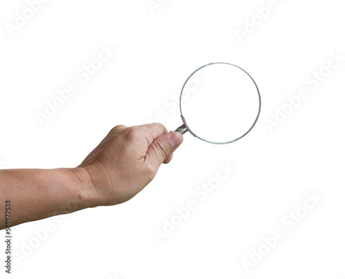 Male hand holding magnifying glass. Isolated.