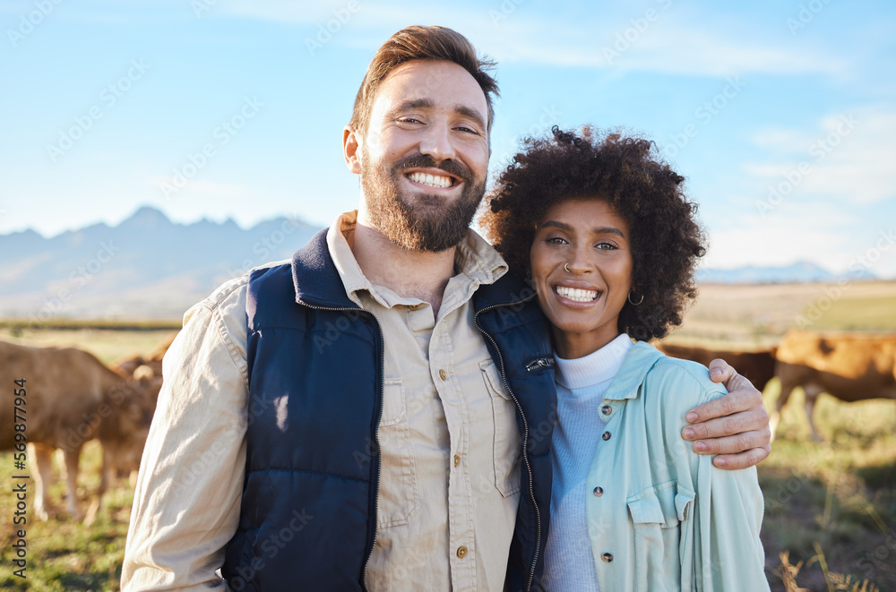 Fototapeta premium Love, cow and portrait of interracial couple on farm for agriculture, livestock and growth. Teamwork, cattle and hug with man and black woman in grass field for sustainability, health or environment