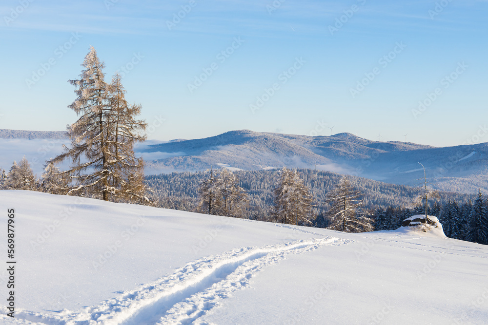 Obraz premium Foot steps in powder snow through a beautiful winter mountain landscape in Austria