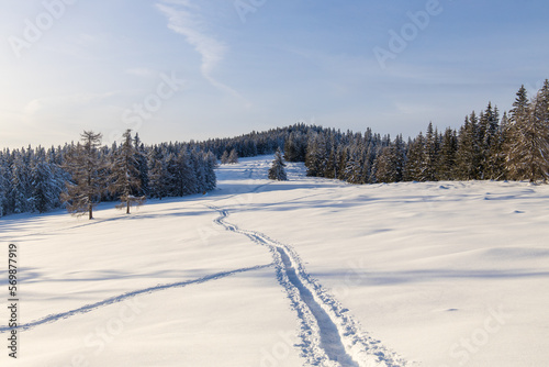 Foot steps in powder snow through a beautiful winter mountain landscape in Austria