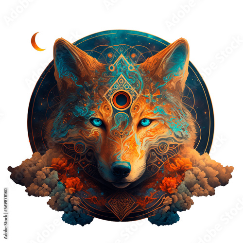 Generative AI. Ilustration of a beautiful and colorful fox in psychedelic art, as a totemic animal