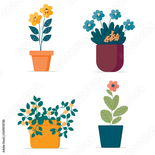 Flowers pot. Nature cartoon vector illustration of flowers and leaves beautiful collection. Blossom plant, botanical flowerpot