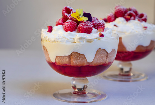 Raspberry trifle with fruit jelly, custard and cream