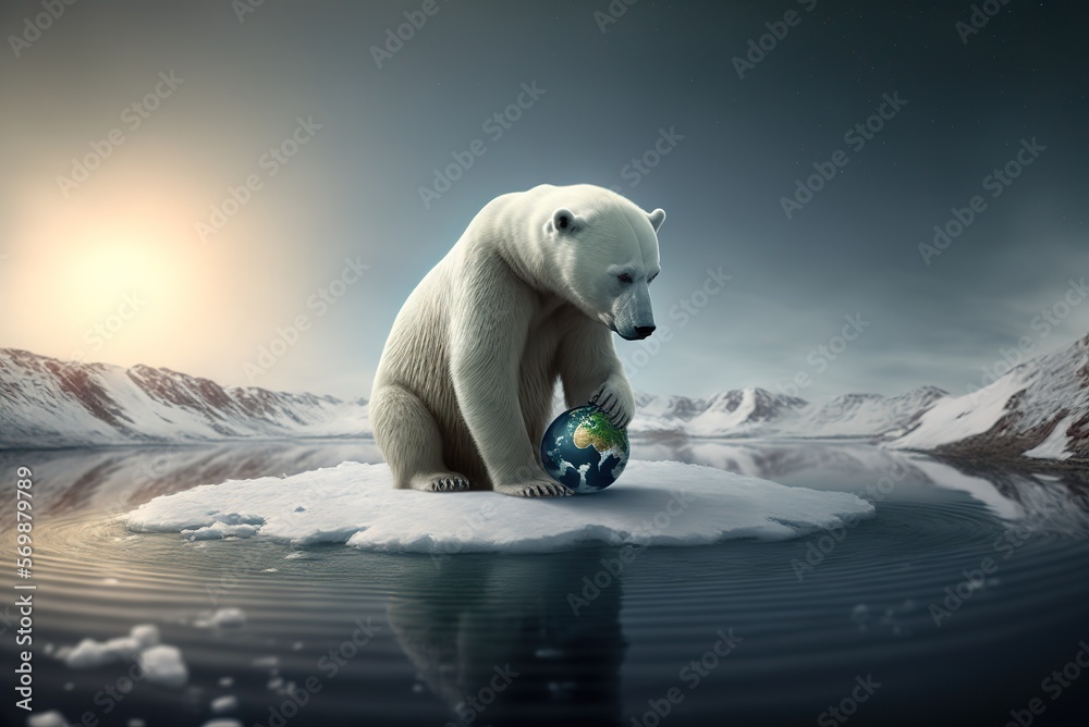Climate change illustration - Polar bear on a melting ice floe keeps a ...
