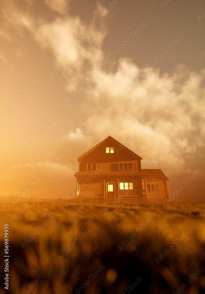 House with lit windows in countryside under a cloudy sky. 3D rendering.