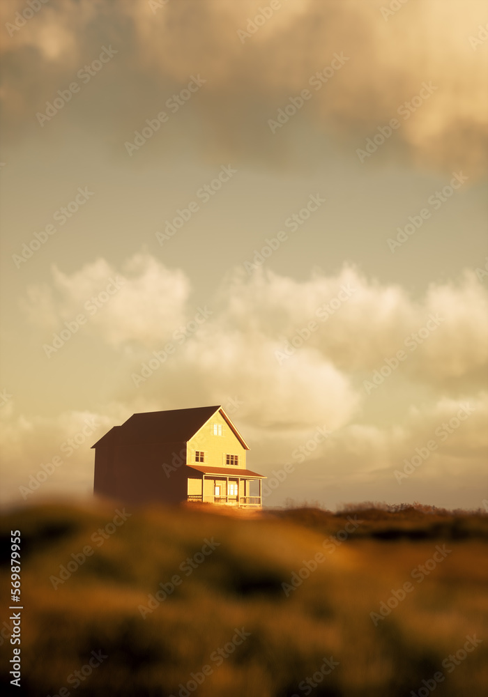 House in countryside under a cloudy sky. 3D rendering. House in countryside under a cloudy sky. 3D rendering.