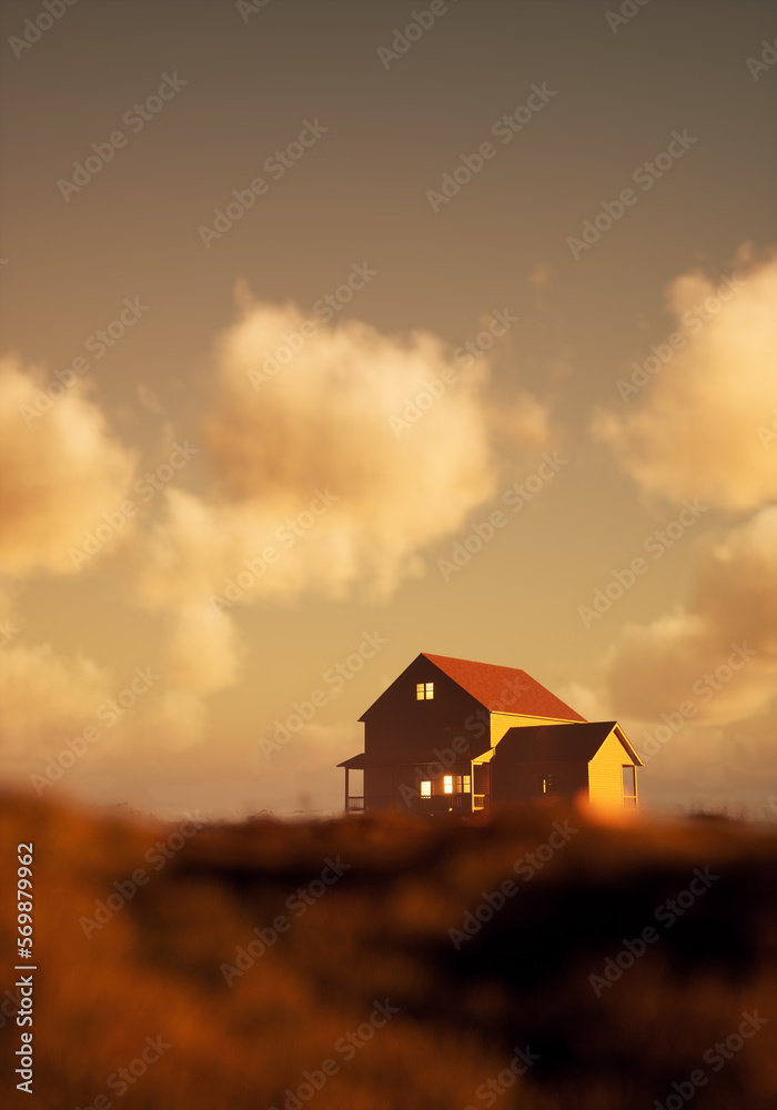 House with lit windows in countryside under a cloudy sky. 3D rendering.
