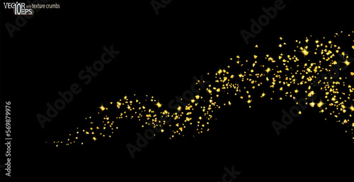 Gold confetti glittering wave. Golden sparkling on black background. Shiny wavy crumbs, golden texture. Glitter. Vector.