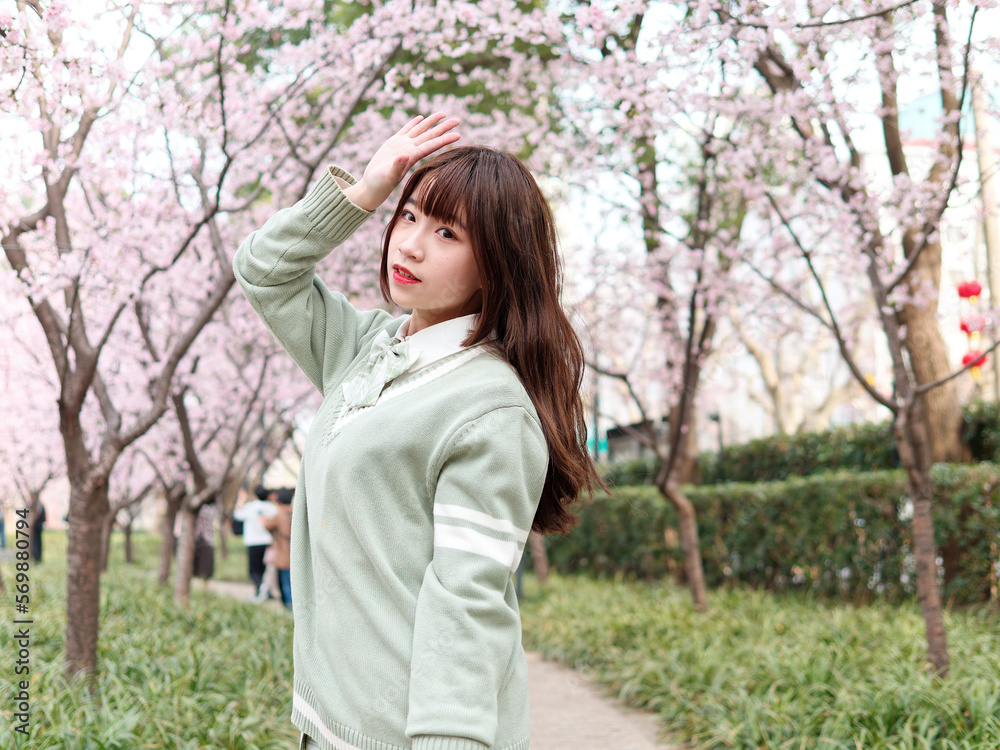 Outdoor portrait of beautiful young Chinese girl in Japanese JK style dress posing with blossom cherry tree brunch background in spring garden, beauty, summer, emotion, expression and people concept. Outdoor portrait of beautiful young Chinese girl in Japanese JK style dress posing with blossom cherry tree brunch background in spring garden, beauty, summer, emotion, expression and people concept.