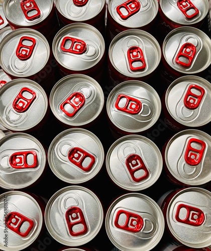 Overhead full frame view of aluminum drink cans