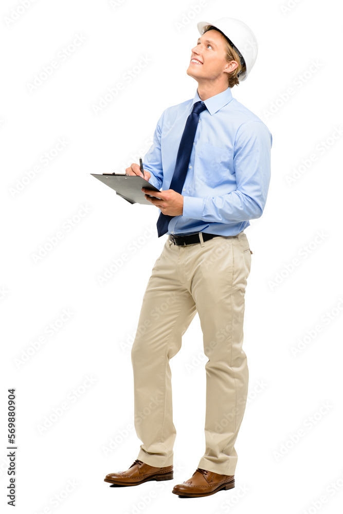 A young handsome contractor standing and looking contemplative and writing on a clipboard isolated on a png background. A young handsome contractor standing and looking contemplative and writing on a clipboard isolated on a png background.