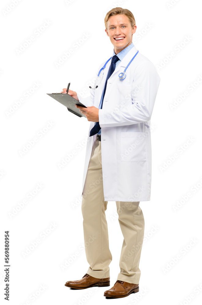 A confident young medical intern or a student standing and making a note on his clipboard and wearing a medical suit isolated on a png background. A confident young medical intern or a student standing and making a note on his clipboard and wearing a medical suit isolated on a png background.