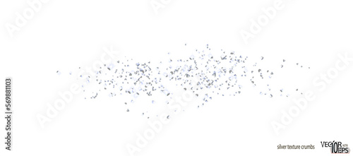 Background plume silver crumbs. Silverish dust, isolated. Sand particles. Confetti, carefully placed by hand. Vector.