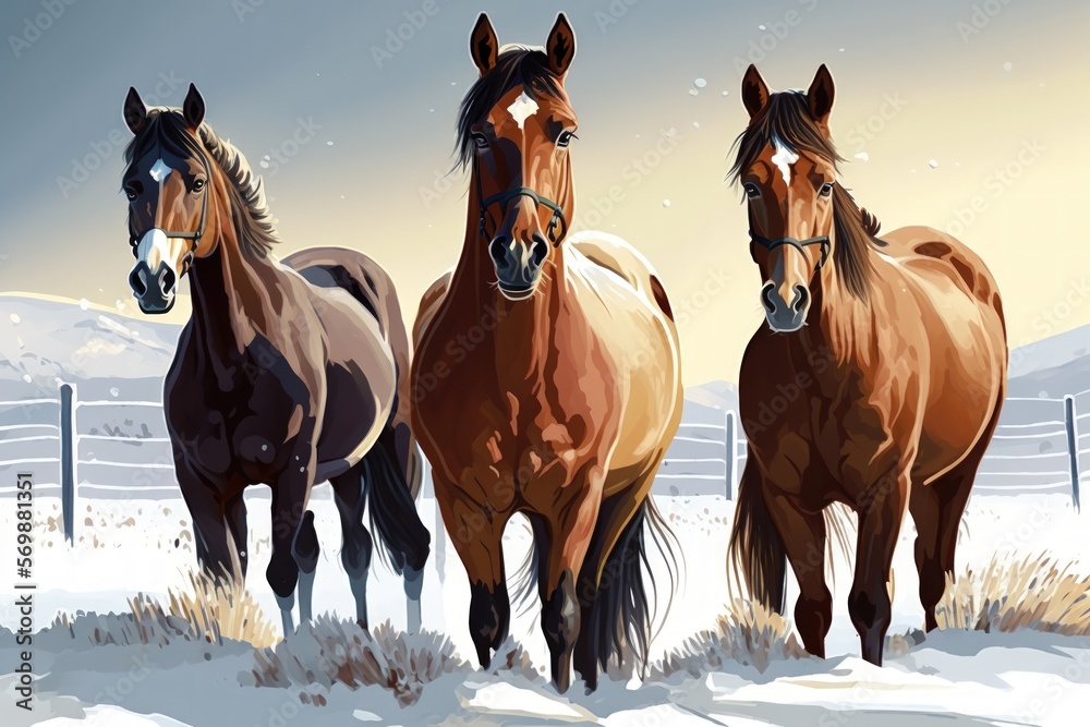 Free three Arabian horses on a field during the winter. Generative AI